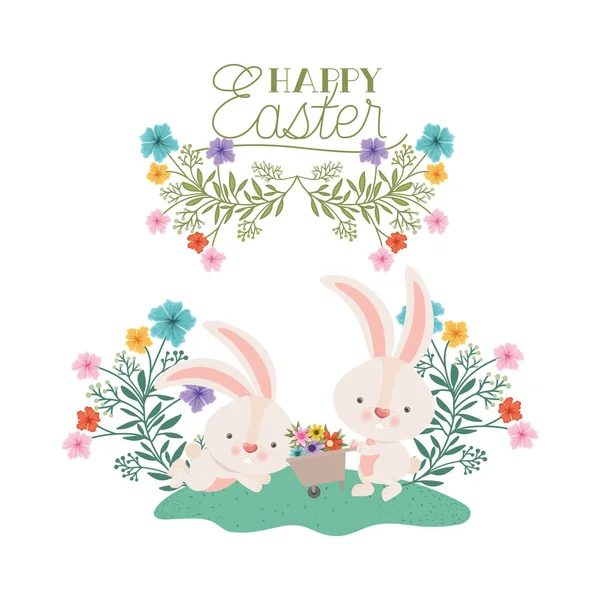 Happy easter label with egg and flowers icon — Stock Vector