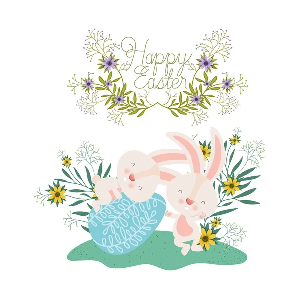 Happy easter label with egg and flowers icon — Stock Vector