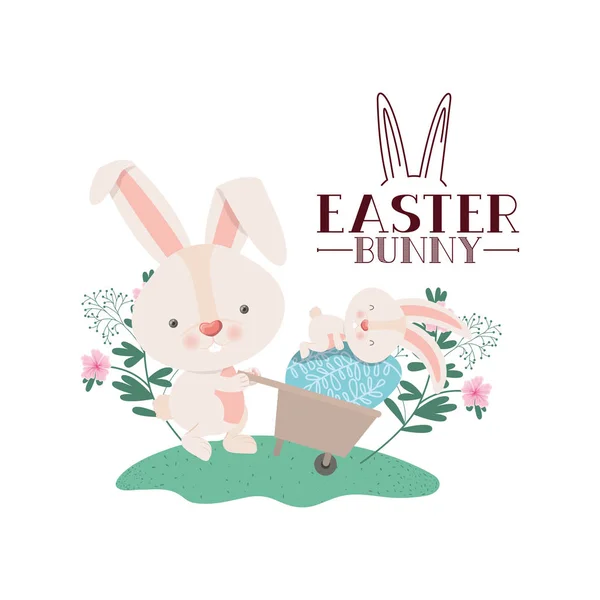 Easter bunny label met ei en bloemen pictogram — Stockvector