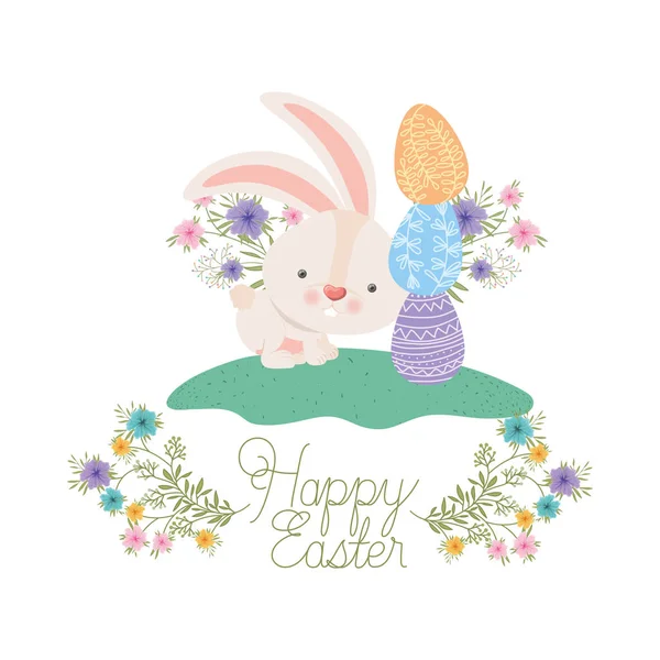 Happy easter label with egg and flowers icon — Stock Vector