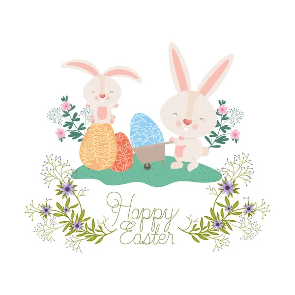 Etiqueta de Pascua feliz con huevo y flores icono — Vector de stock