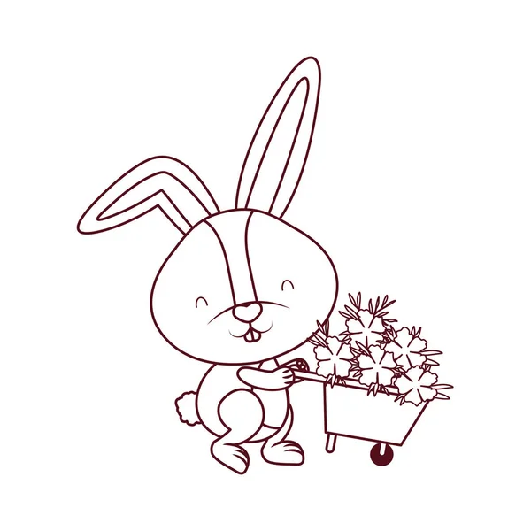 Bunny with wheelbarrow and flowers isolated icon — Stock Vector