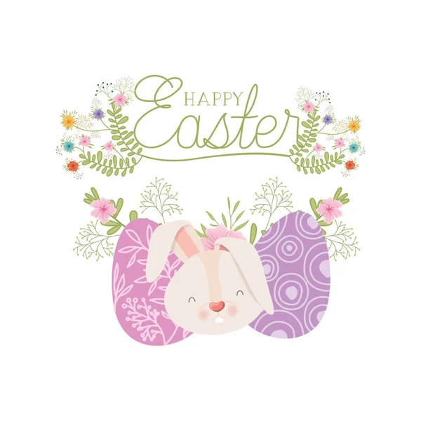 快乐的复活节标签与鸡蛋和鲜花图标 — 图库矢量图片