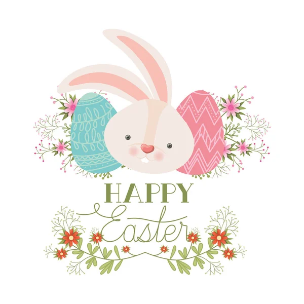 Happy easter label with eggs and flowers icon — Stock Vector