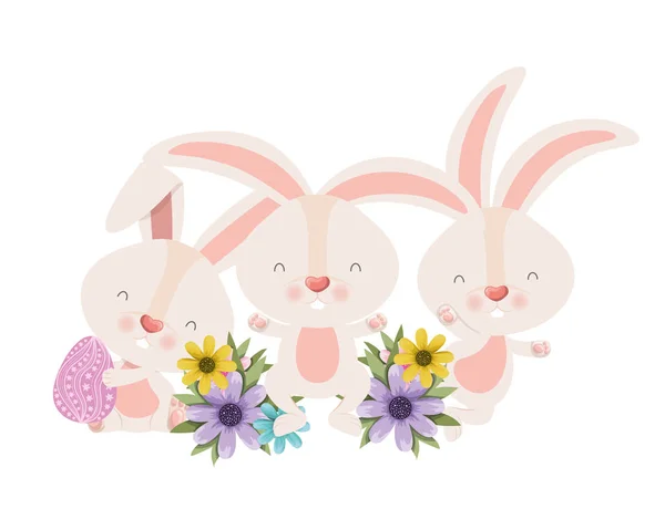 Великодні кролики з квітами ізольована ікона — стоковий вектор