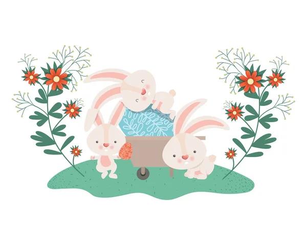 Кролики с тачкой и иконой пасхального яйца — стоковый вектор