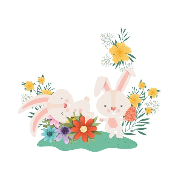 Lapins de Pâques avec des fleurs icône isolée — Image vectorielle