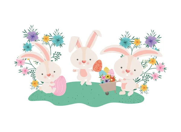 Пасхальные кролики с иконой цветов и яиц — стоковый вектор