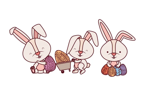 Кролики с тачкой и иконой пасхального яйца — стоковый вектор