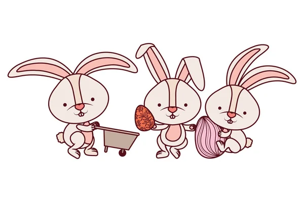 Coniglietti con carriola e icona dell'uovo di Pasqua — Vettoriale Stock