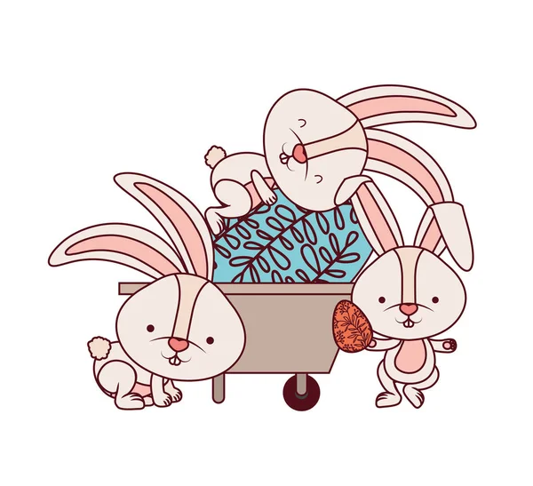 Coelhos com carrinho de mão e ícone de ovo de Páscoa — Vetor de Stock