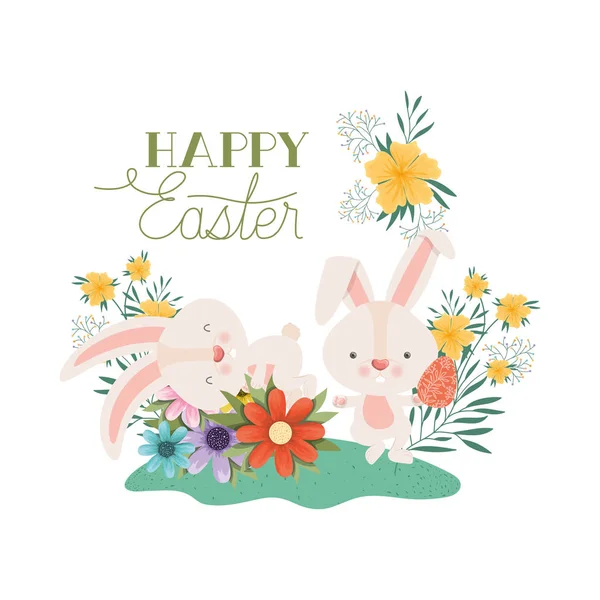 Happy easter label with egg and flowers icon — Stock Vector