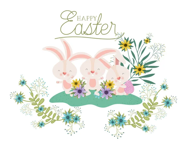 Happy easter label with egg and flowers icon — Stock Vector