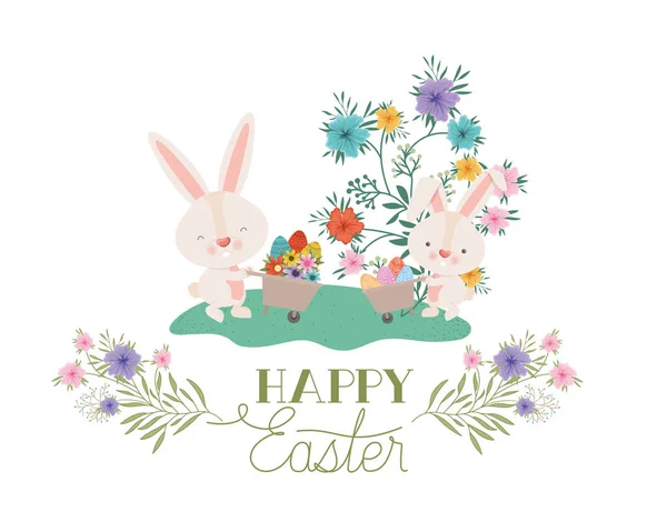 Happy easter label with egg and flowers icon — Stock Vector