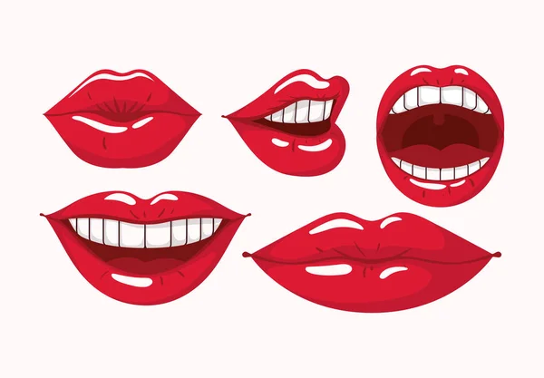 Ensemble de lèvres féminines style pop art — Image vectorielle