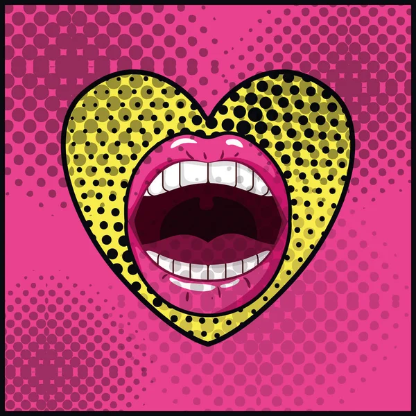 Female mouth with heart pop art style — Stock Vector