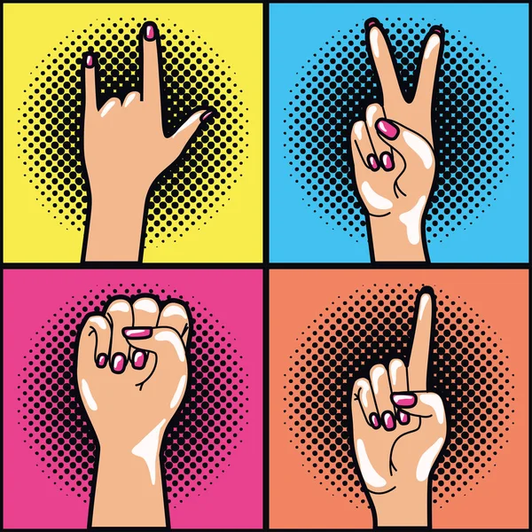 Set of hands expressing pop art style — Stock Vector