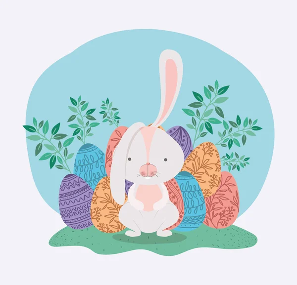 Ładny królik z jaja malowane i liści w ogrodzie — Wektor stockowy