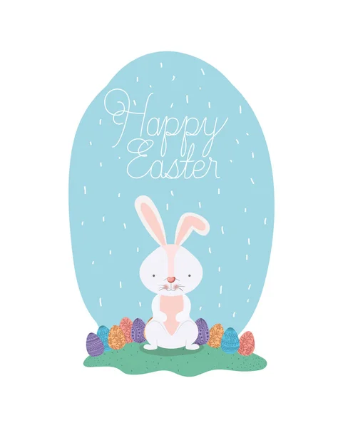 Conejo con huevos de Pascua pintado y fuente en el campamento — Vector de stock