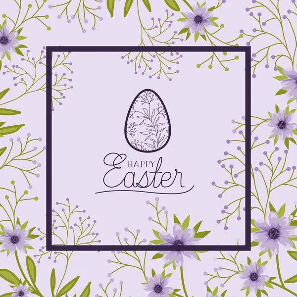 Heureux cadre d'oeuf de Pâques avec police à la main et fleurs — Image vectorielle
