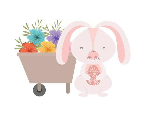 Bunny with wheelbarrow and flowers isolated icon — Stock Vector