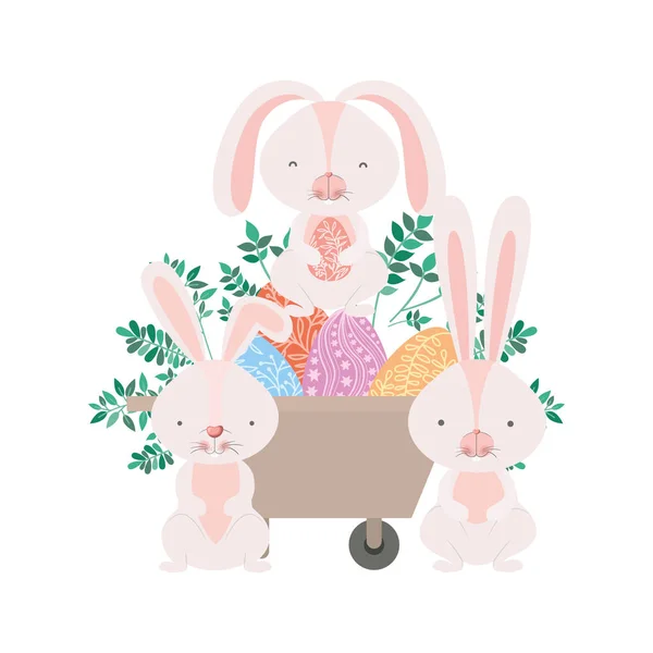 Coniglietti con carriola e icona dell'uovo di Pasqua — Vettoriale Stock