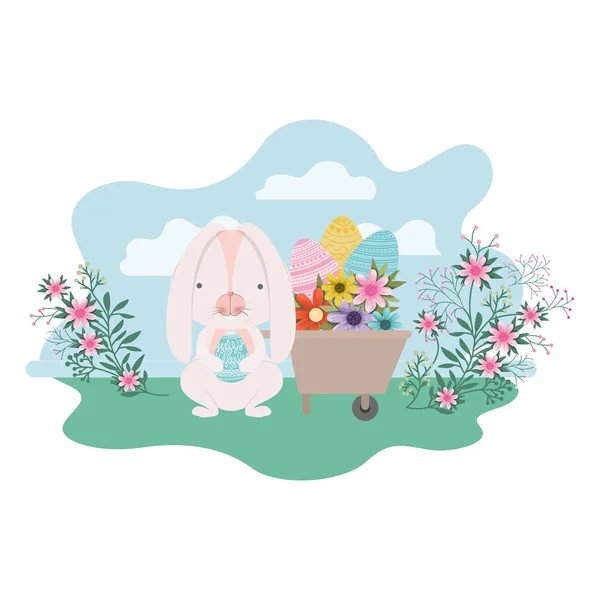 Bunny op landschap met paasei pictogram — Stockvector