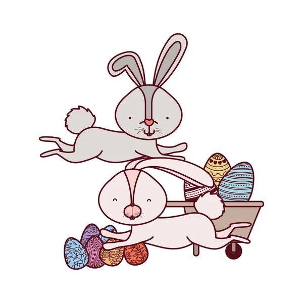 Kaniner med skottkärra och påskägg ikon — Stock vektor