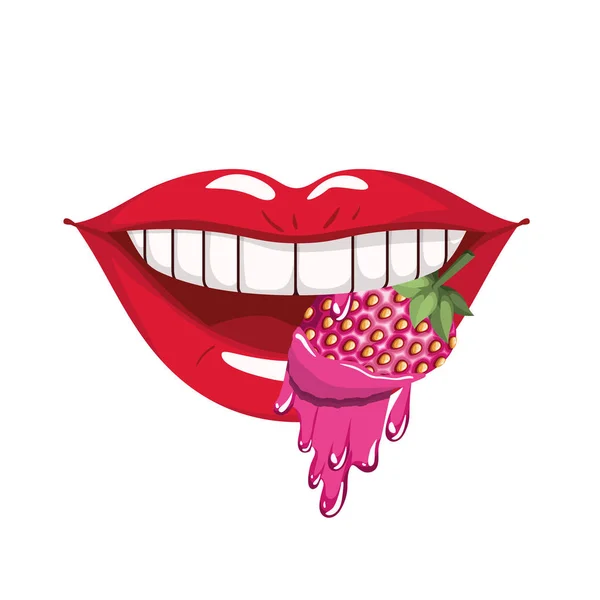 Boca femenina goteando con fruta de fresa — Vector de stock