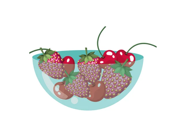 Cereza y fresa en recipiente — Vector de stock