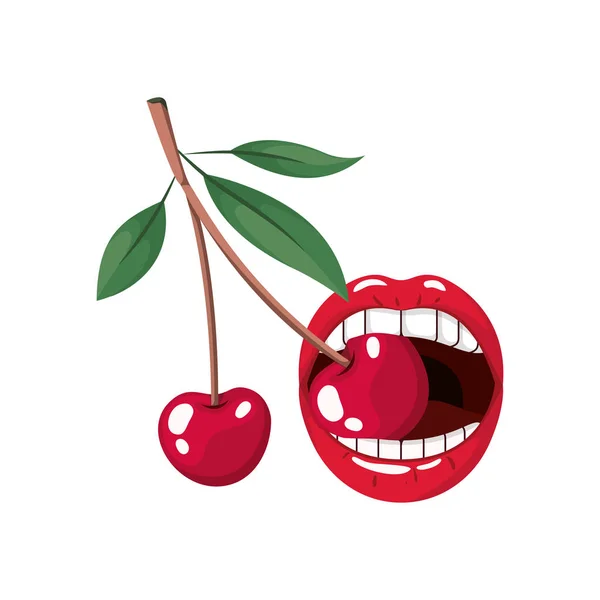 Vrouwelijke mond met cherry geïsoleerde pictogram — Stockvector