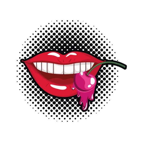 女性的嘴滴下樱桃果 — 图库矢量图片