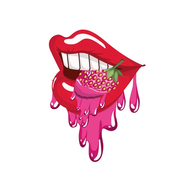 Vrouwelijke mond vochtig met aardbei-fruit — Stockvector