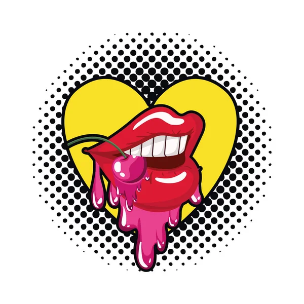 Female mouth dripping with cherry fruit — Stock Vector