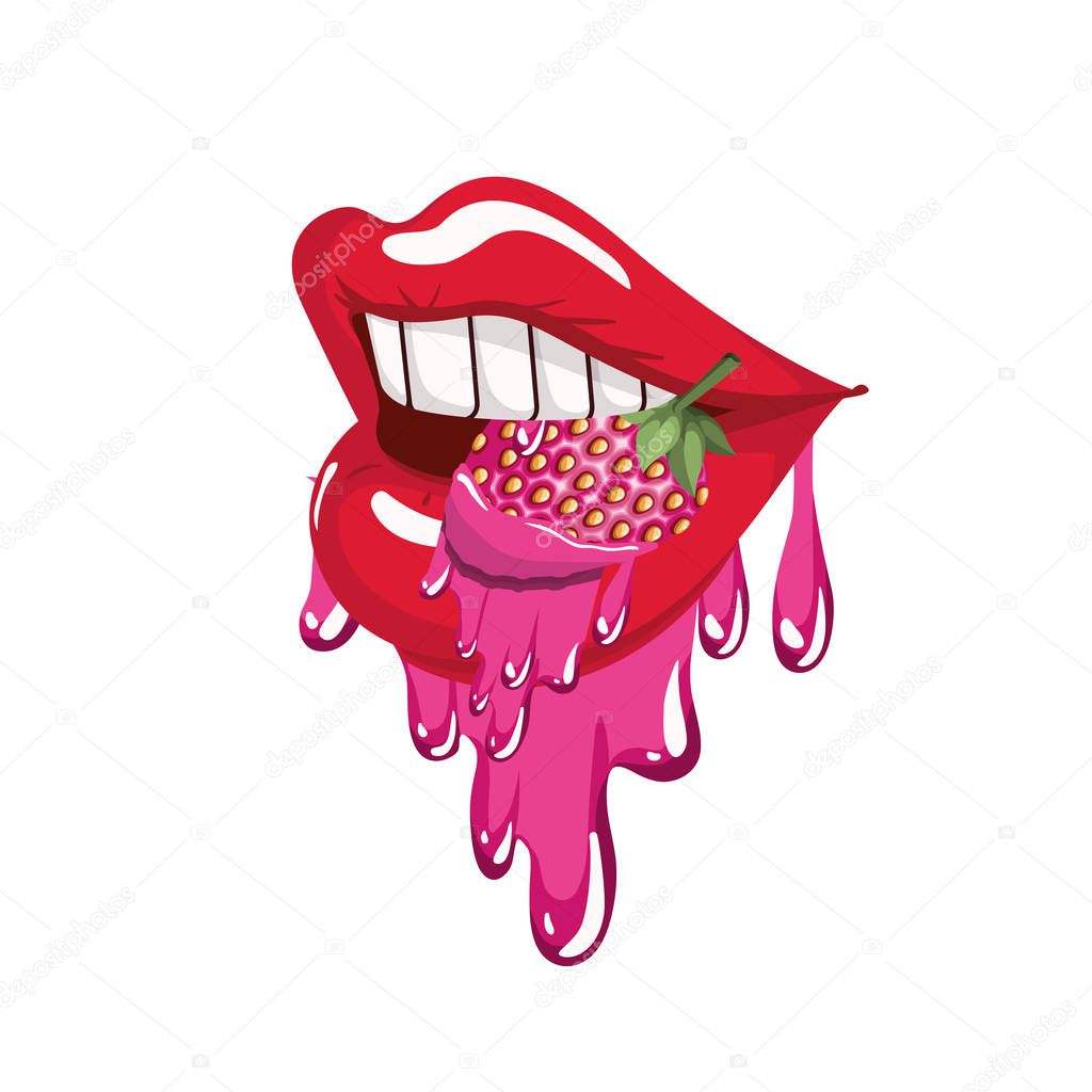 female mouth dripping with strawberry fruit