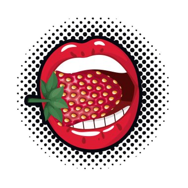 çilek izole simgesi olan kadın ağız
