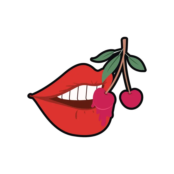 Boca feminina pingando com cereja — Vetor de Stock