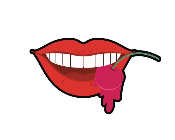 female mouth dripping with cherry fruit