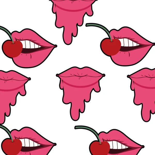 Patrón boca femenina goteando con cereza — Vector de stock