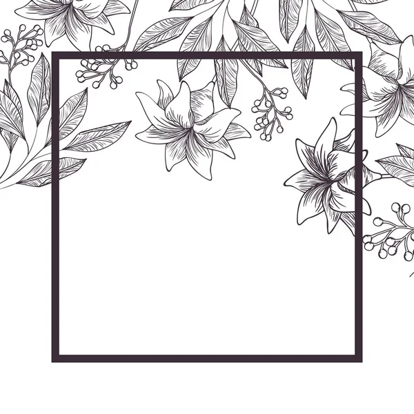 Kwiaty i liście z ikona na białym tle ramki — Wektor stockowy
