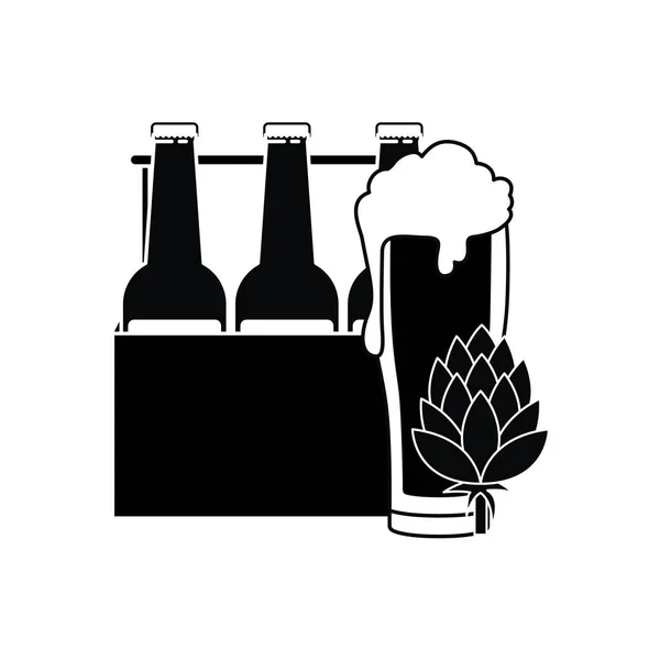 Scatola con bottiglie di birra e icona isolata in vetro — Vettoriale Stock