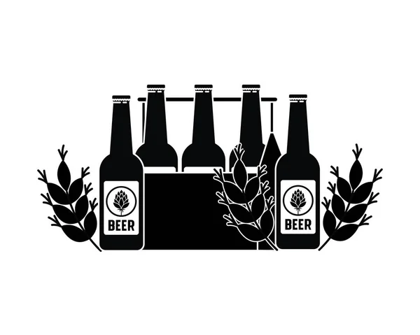 Box with beer bottles and wheat isolated icon — Stock Vector