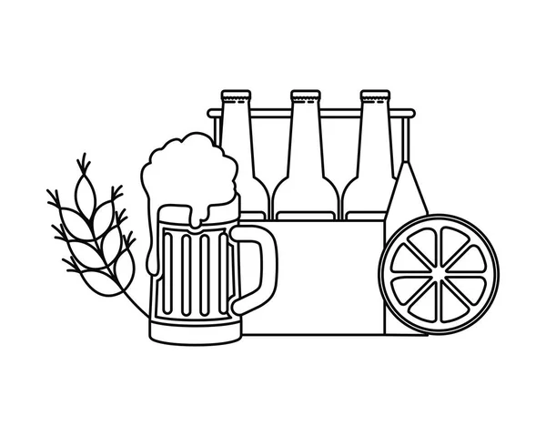 Boîte avec bouteilles de bière et icône isolée en verre — Image vectorielle