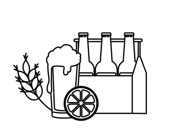 Caixa com garrafas de cerveja e ícone de vidro isolado — Vetor de Stock