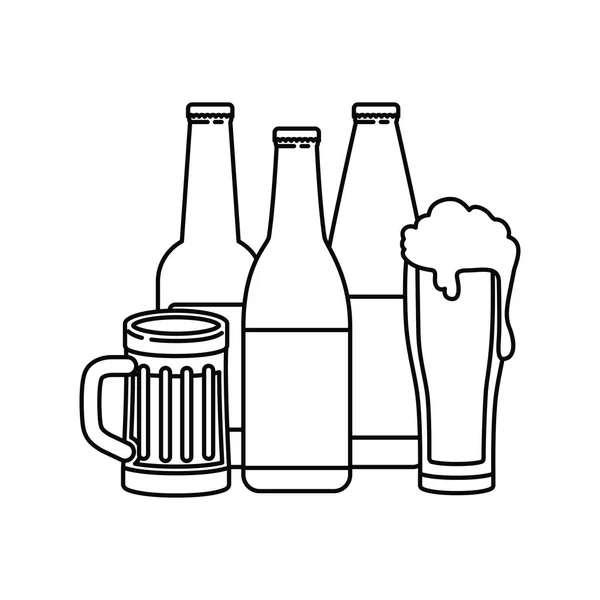 Fles bier en glas geïsoleerde pictogram — Stockvector