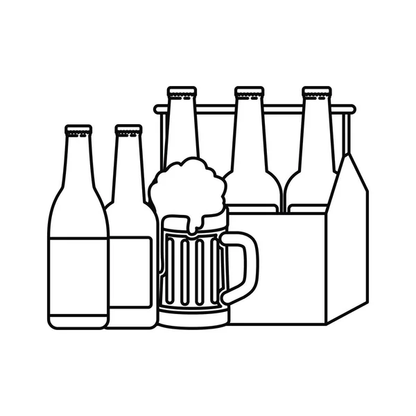 Scatola con bottiglie di birra e icona isolata in vetro — Vettoriale Stock