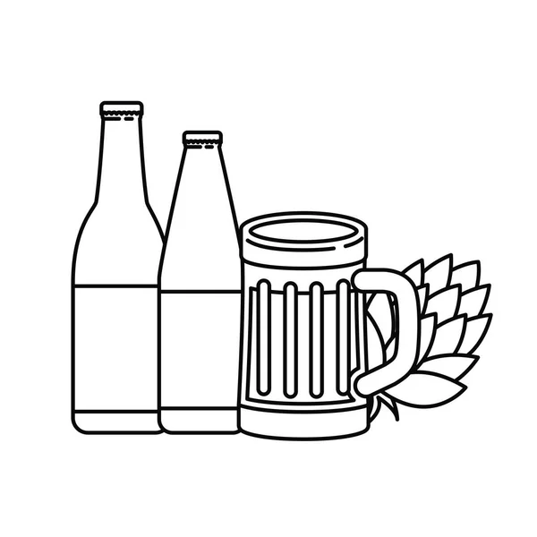 Flessen bier en glas geïsoleerde pictogram — Stockvector