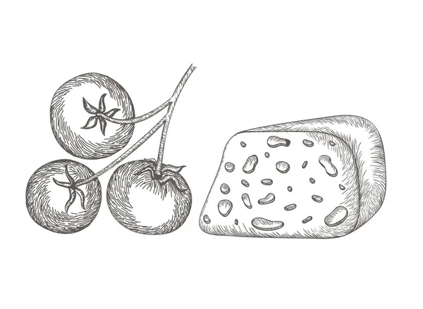 Delicioso queso y tomates icono aislado — Vector de stock