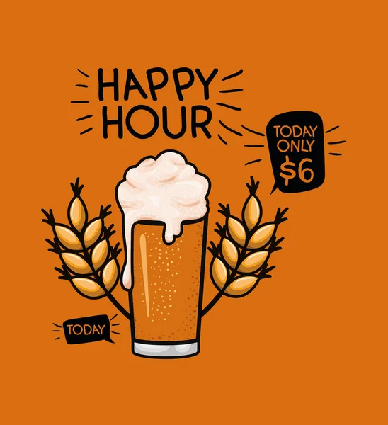 Étiquette de bières happy hour avec verre et feuilles — Image vectorielle