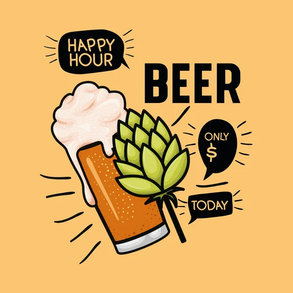 Étiquette de bières happy hour avec verre et feuilles — Image vectorielle